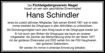 Traueranzeige von Hans Schindler von Frankenpost