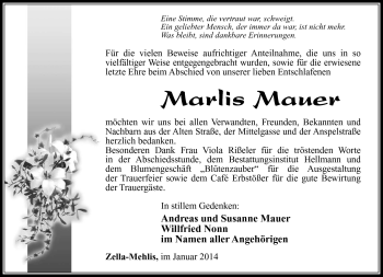 Traueranzeige von Marlies Mauer von Südthüringer Presse