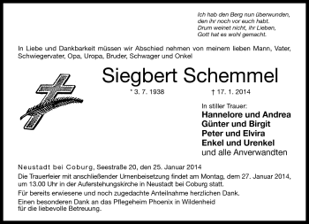 Traueranzeige von Siegbert Schemmel von Neue Presse Coburg