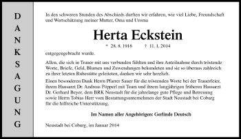 Traueranzeige von Herta Eckstein von Neue Presse Coburg