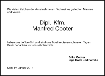Traueranzeige von Manfred Cooter von Frankenpost