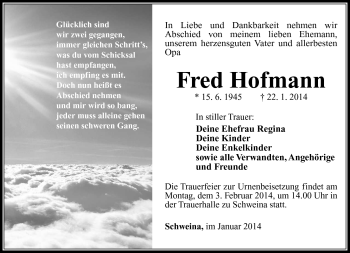 Traueranzeige von Fred Hofmann von Südthüringer Presse