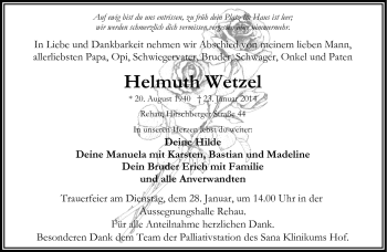Traueranzeige von Helmuth Wetzel von Frankenpost