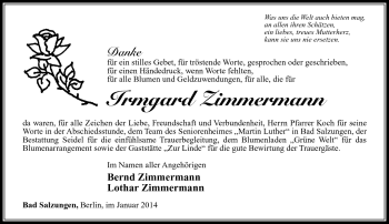 Traueranzeige von Irmgard Zimmermann von Südthüringer Presse