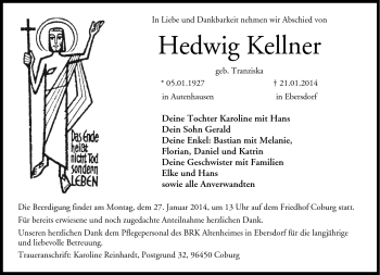 Traueranzeige von Hedwig Kellner von Neue Presse Coburg