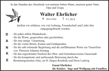 Traueranzeige von Walter Ehrlicher von Neue Presse Coburg