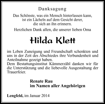 Traueranzeige von Hilda Klett von Südthüringer Presse