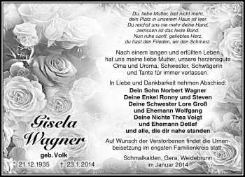 Traueranzeige von Gisela Wagner von Südthüringer Presse