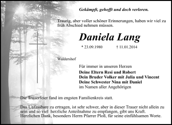 Traueranzeige von Daniela Lang von Frankenpost