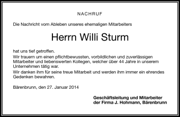 Traueranzeige von Willi Sturm von Frankenpost