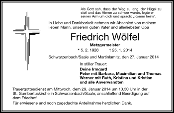 Traueranzeige von Friedrich Wölfel von Frankenpost