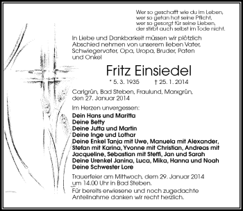 Traueranzeige von Fritz Einsiedel von Frankenpost