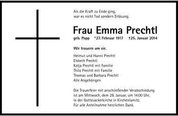 Traueranzeige von Emma Prechtl von Frankenpost