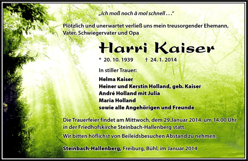  Traueranzeige für Harri Kaiser vom 27.01.2014 aus Südthüringer Presse