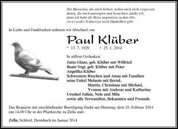 Traueranzeige von Paul Klübner von Südthüringer Presse
