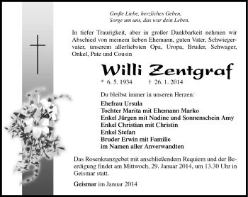 Traueranzeige von Willi Zentgraf von Südthüringer Presse
