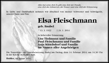 Traueranzeige von Elsa Fleischmann von Südthüringer Presse