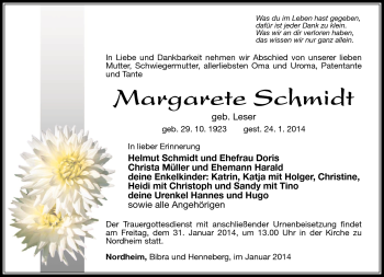 Traueranzeige von Margarete Schmidt von Südthüringer Presse