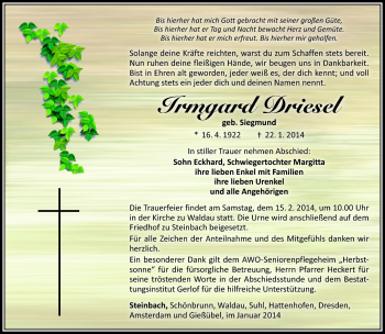 Traueranzeige von Irmgard Driesel von Südthüringer Presse