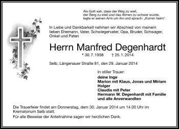 Traueranzeige von Manfred Degenhardt von Frankenpost
