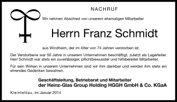 Traueranzeige von Franz Schmidt von Neue Presse Coburg