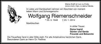 Traueranzeige von Wolfgang Riemenschneider von Frankenpost
