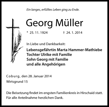 Traueranzeige von Georg Müller von Neue Presse Coburg