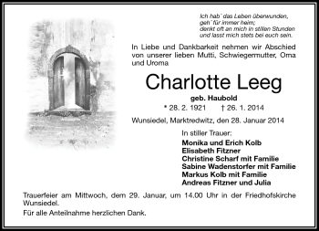 Traueranzeige von Charlotte Leeg von Frankenpost