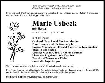 Traueranzeige von Marie Usbeck von Südthüringer Presse