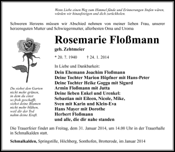 Traueranzeige von Rosemarie Floßmann von Südthüringer Presse