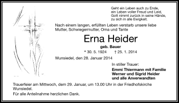 Traueranzeige von Erna Heider von Frankenpost