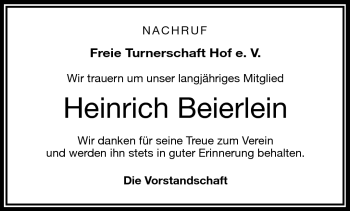 Traueranzeige von Heinrich Beierlein von Frankenpost