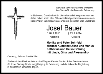 Traueranzeige von Josef Bauer von Neue Presse Coburg