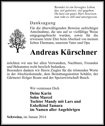 Traueranzeige von Andreas Kürschner von Südthüringer Presse