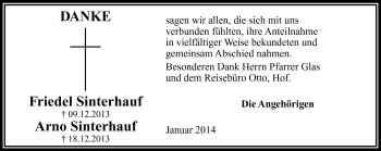 Traueranzeige von FriedelArno SinterhaufSinterhauf von Frankenpost
