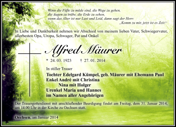 Traueranzeige von Alfred Mäurer von Südthüringer Presse