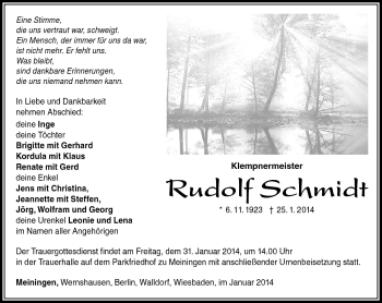 Traueranzeige von Rudolf Schmidt von Südthüringer Presse