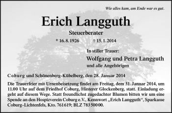 Traueranzeige von Erich Langguth von Neue Presse Coburg