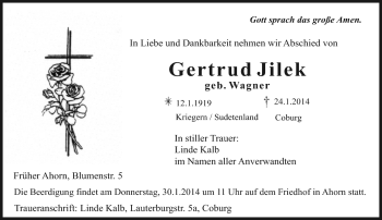Traueranzeige von Gertrud Jilek von Neue Presse Coburg
