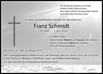 Traueranzeige von Franz Schmidt von Neue Presse Coburg