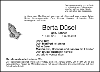 Traueranzeige von Berta Düsel von Neue Presse Coburg