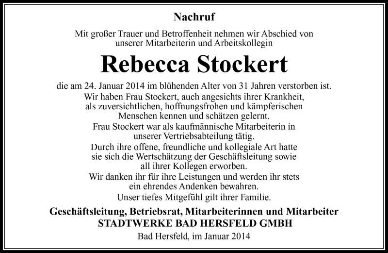  Traueranzeige für Rebecca Stockert vom 28.01.2014 aus Südthüringer Presse