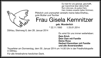 Traueranzeige von Gisela Kemnitzer von Frankenpost