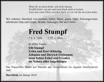 Traueranzeige von Fred Stumpf von Südthüringer Presse