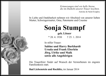Traueranzeige von Sonja Stumpf von Südthüringer Presse