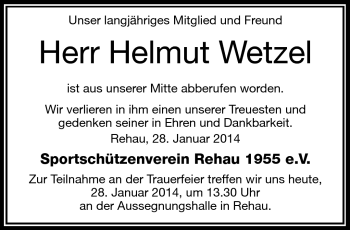 Traueranzeige von Helmut Wetzel von Frankenpost