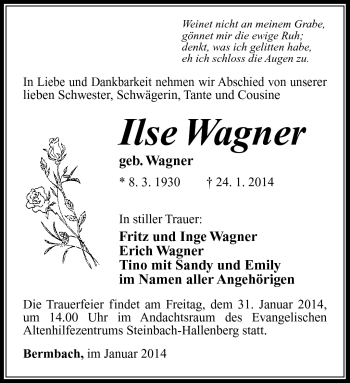 Traueranzeige von Ilse Wagner von Südthüringer Presse