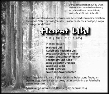 Traueranzeige von Horst Uhl von Südthüringer Presse