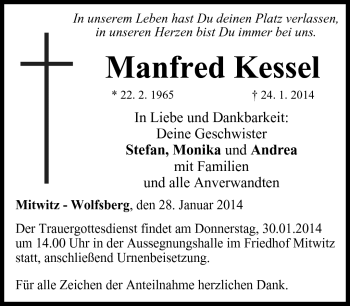 Traueranzeige von Manfred Kessel von Neue Presse Coburg