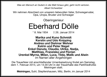 Traueranzeige von Eberhard Dölle von Südthüringer Presse